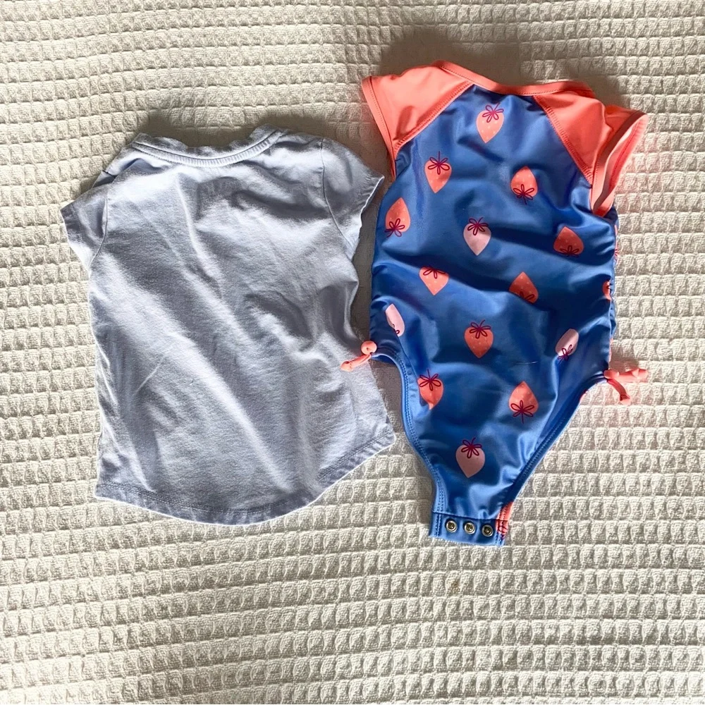 Cat & Jack 18M strawberry print one piece and blue short sleeve tee